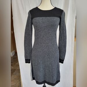 Donna Ricco black & dark grey striped 100% Merino wool midi sweater dress S